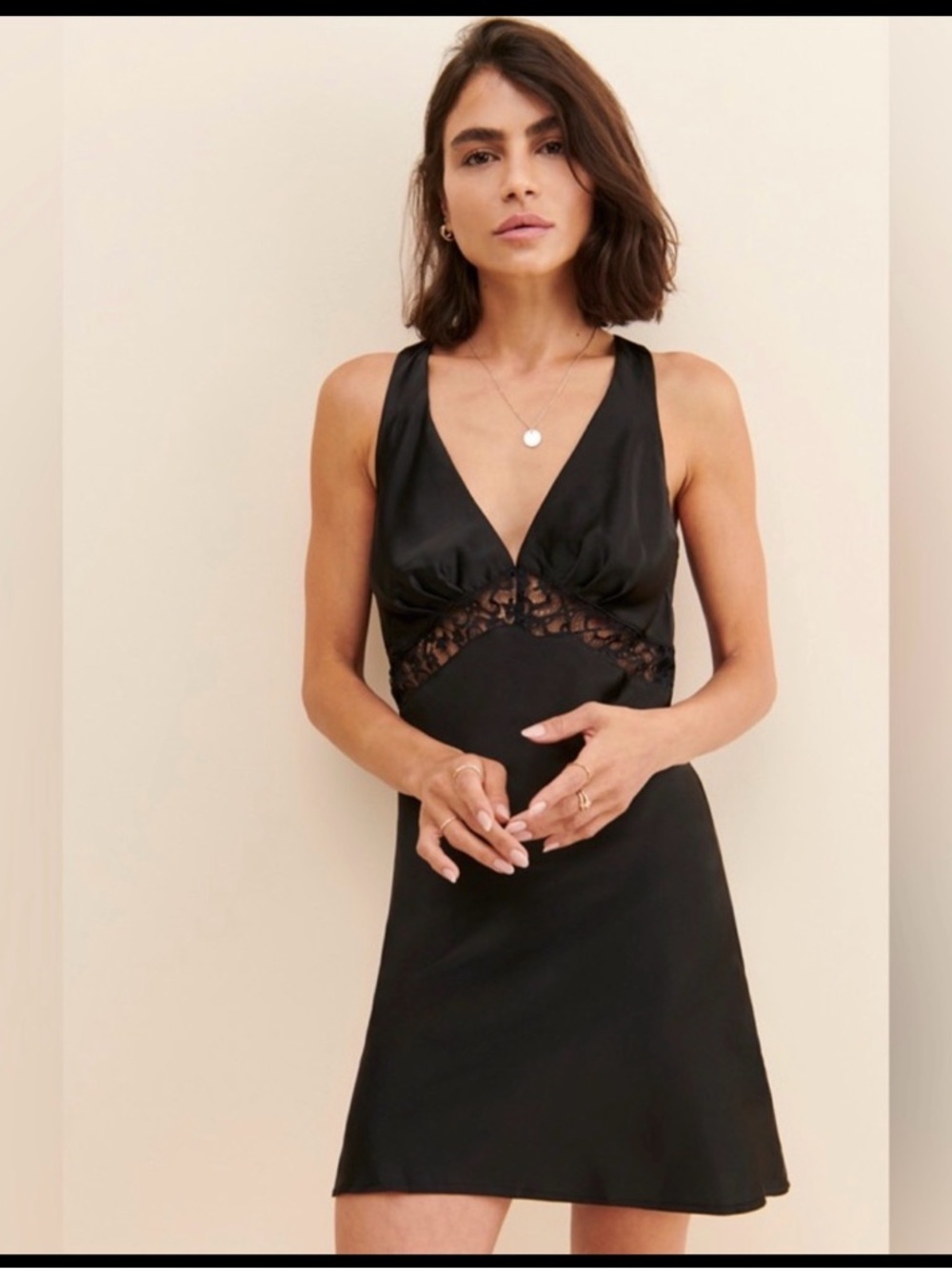 Lioness Black Satin & Lace V-Neck Slip Dress